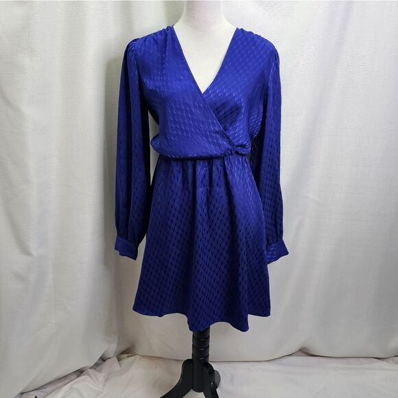Express Royal Blue Jacquard Satin Tie Waist  Long Sleeve Mini Dress Size Small - Picture 3 of 13